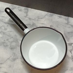 Vintage white and black trim enamel #16 pot saucepan made in Poland